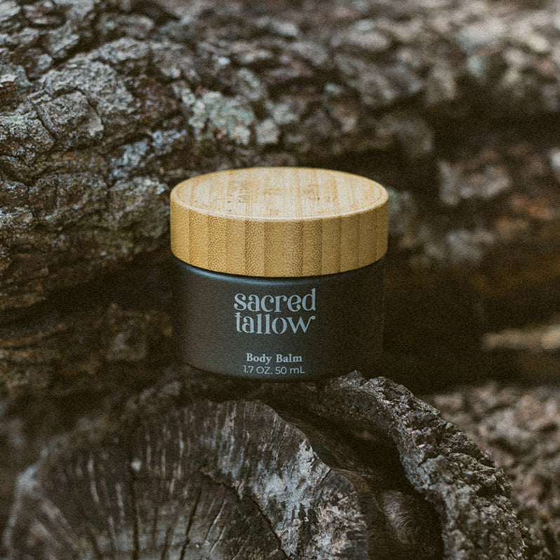 Natural body balm with tallow moisturizer for deep hydration and skin nourishment.