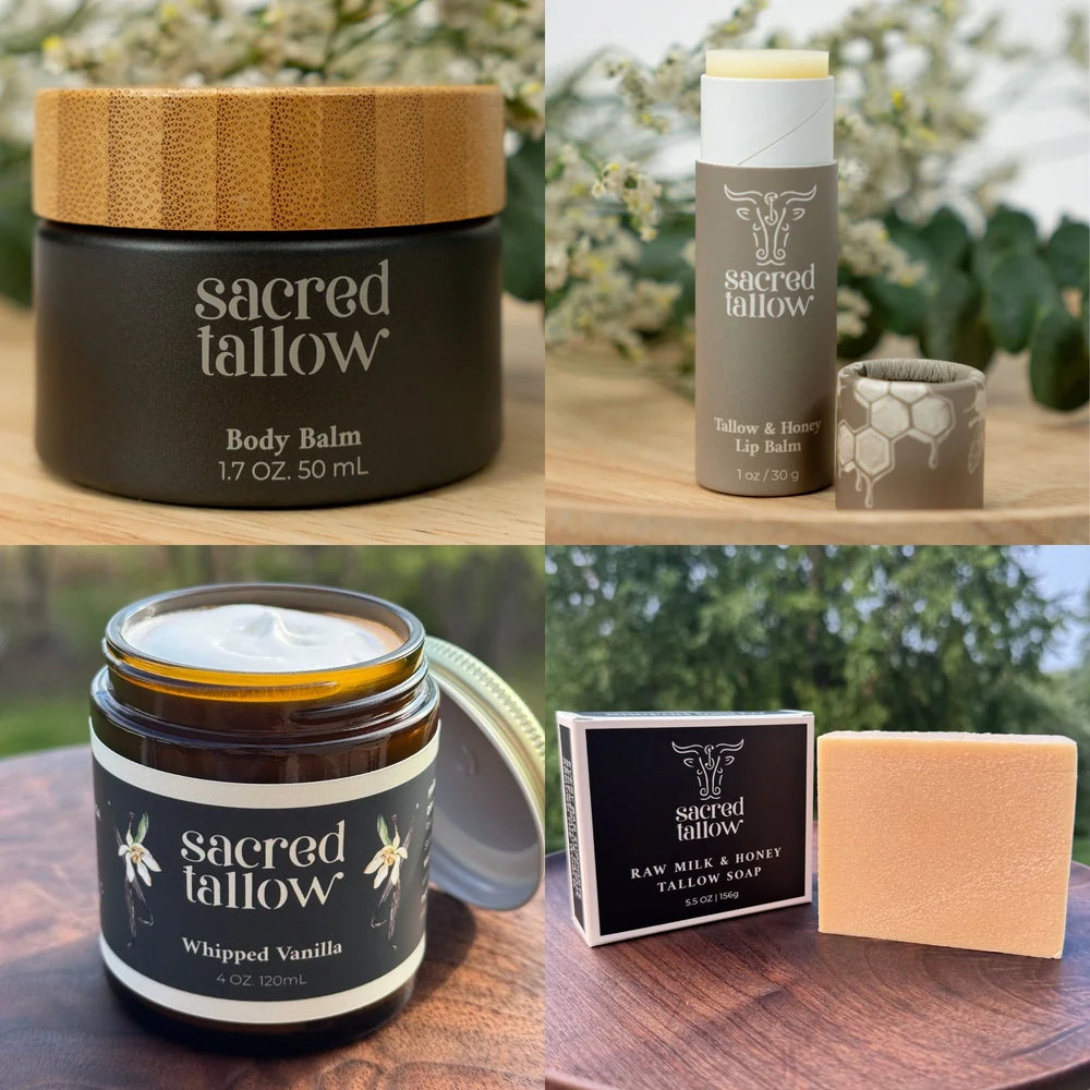 A 2x2 collage showing Sacred Tallow body care products: a black body balm jar with a bamboo lid, a taupe lip balm tube with a yellow stick, a whipped vanilla balm in an amber glass jar, and a bar of raw milk and honey tailor soap next to its box.