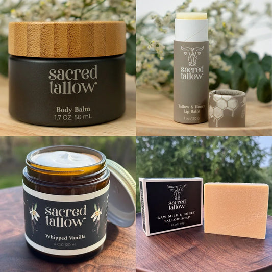 A 2x2 collage showing Sacred Tallow body care products: a black body balm jar with a bamboo lid, a taupe lip balm tube with a yellow stick, a whipped vanilla balm in an amber glass jar, and a bar of raw milk and honey tailor soap next to its box.