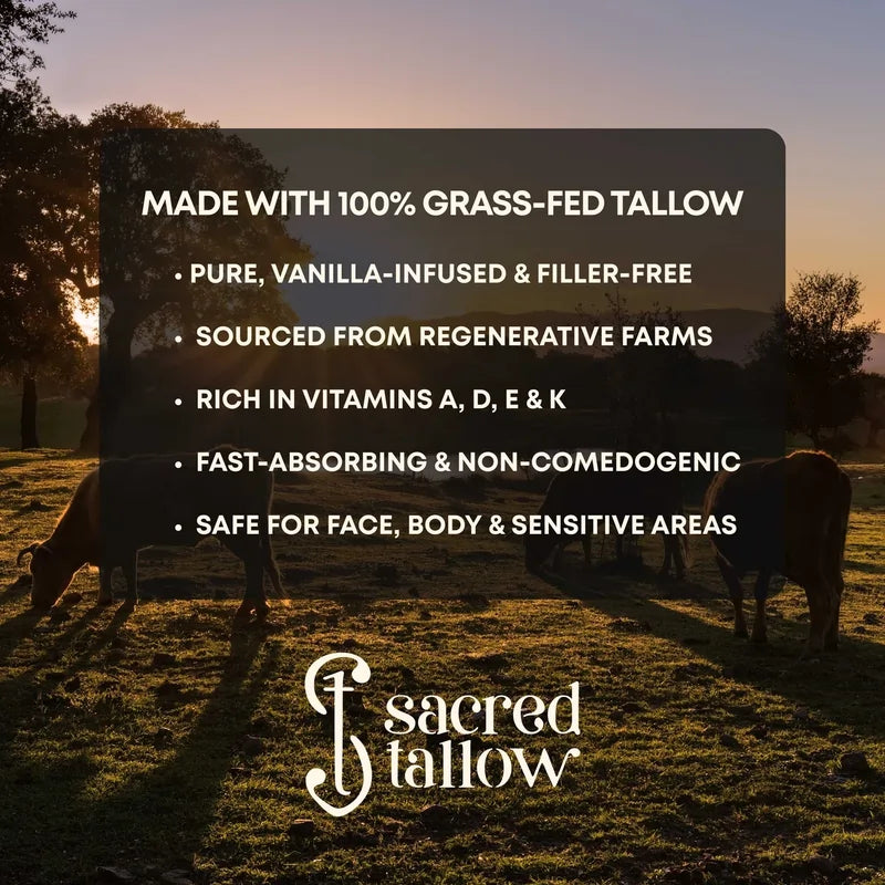 A promotional graphic for Sacred Tallow featuring a sunset landscape with grazing cows and a large text overlay detailing product benefits, including 'Made with 100% Grass-Fed Tallow' and 'Sourced from Regenerative Farms.'.